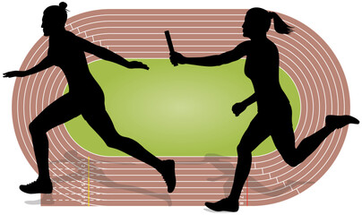 relay race, silhouette of two female runners passing the baton with a racecourse track in the background