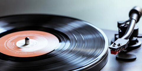 Close-up of a vinyl music round record in a retro vintage turntable