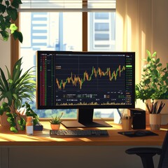 An anime-style illustration of an office desk with a large monitor displaying stock charts. In the background, a window shows sunlight and plants outside. The lighting should be warm and inviting, wit