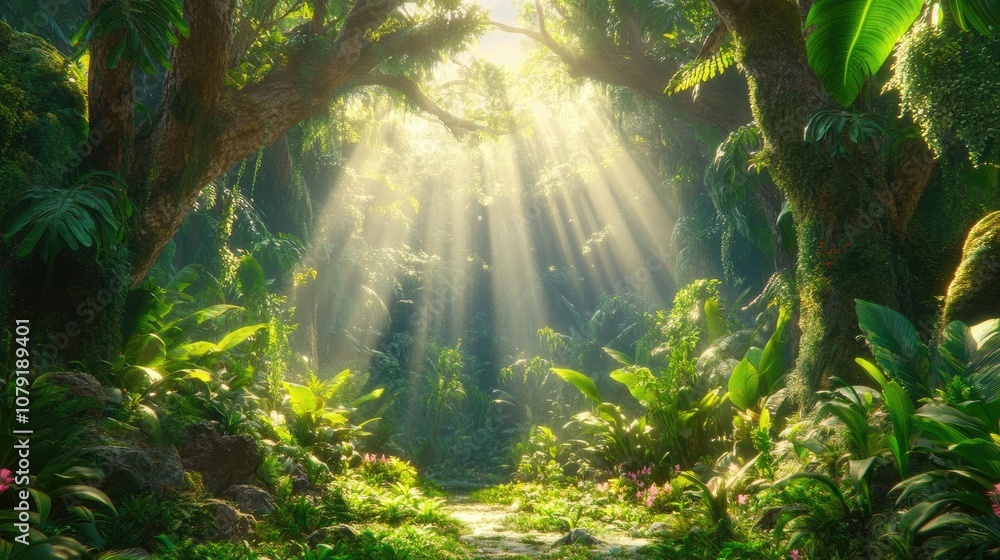 Aufkleber serene forest pathway with sunlight filtering through lush green canopy, illuminating vibrant vegeta