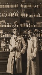 Naklejka premium Historical pharmacy setting with two young male pharmacists in white coats, surrounded by medicine