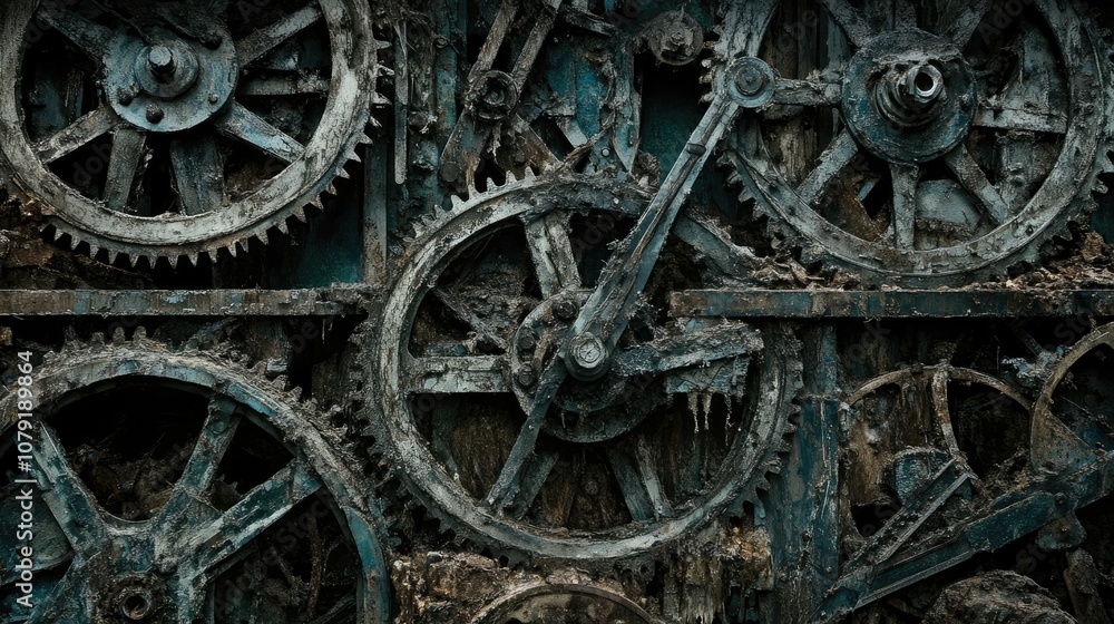 Poster abstract close-up of aged and rusty gears forming a complex mechanical backdrop ideal for industrial