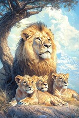 A majestic lion sits proudly with three cubs, surrounded by a beautiful landscape under a tree, embodying strength and family.