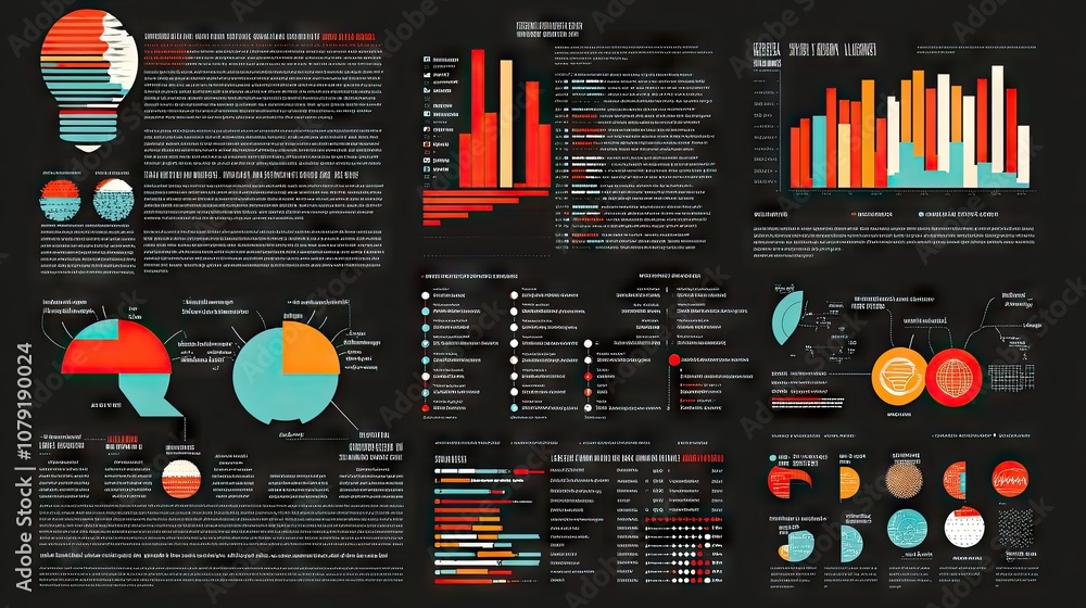 Poster detailed visual infographic presenting data analysis with colorful graphs, charts, and statistics on