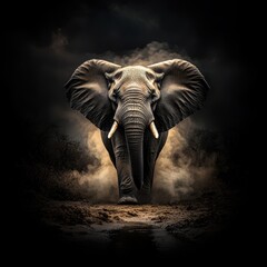 Fototapeta premium A majestic elephant stands prominently in a dramatic, shadowy setting, showcasing its powerful presence and textured skin.