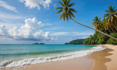 A palm tree leans over a pristine beach with turquoise water and white sand