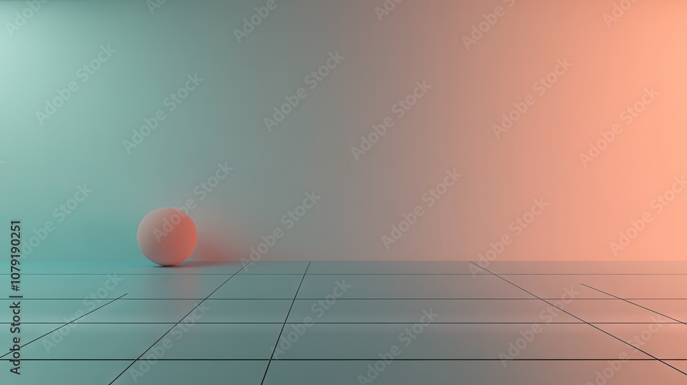 Poster abstract composition featuring a solitary sphere against a minimalistic pastel background with soft 