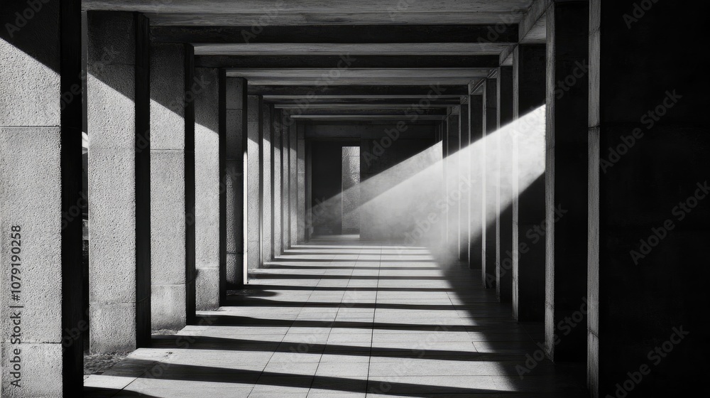 Aufkleber a serene black and white architectural passage with light streaming through columns, creating dynami