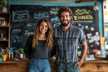 Happy young couple poses together behind a rustic counter in a cozy cafe during daytime