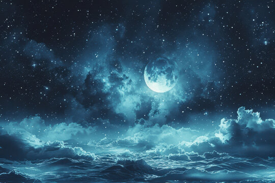 Christmas Eve. Enchanting illustration of a starry night sky with a bright full moon illuminating snowy clouds. A serene, mystical winter scene ideal for Christmas and holiday themes.
