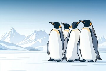 Obraz premium Four penguins stand together in a snowy landscape with mountains in the background, showcasing a serene Arctic environment.