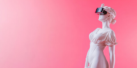 Plaster antique statue of a man with virtual augmented reality glasses on her head on a colored background with copy space, banner template