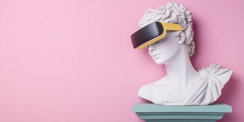 Plaster antique statue of a man with virtual augmented reality glasses on her head on a colored background with copy space, banner template