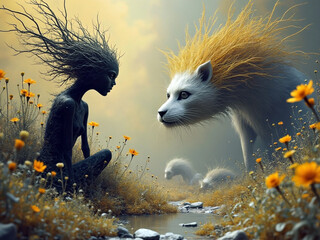 Abstract fantasy artwork illustration of a dark human like figure encountering an otherworldly creature in nature