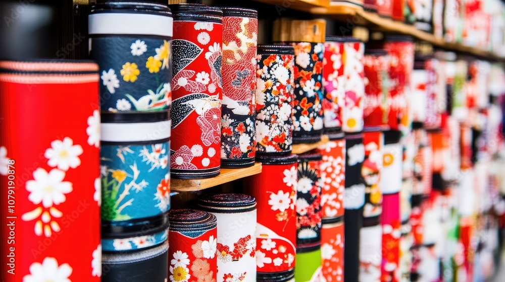 Poster Vibrant Display of Colorful Japanese Paper Rolls in a Traditional Studio Setting Showcasing Intricate Floral Patterns and Craftsmanship