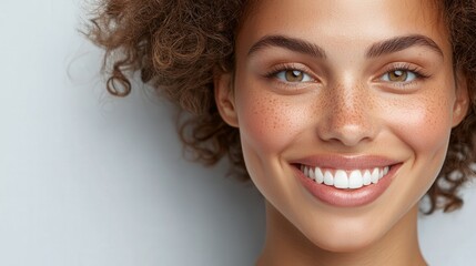 Naklejka premium Joyful young woman with curly hair smiles brightly against light background