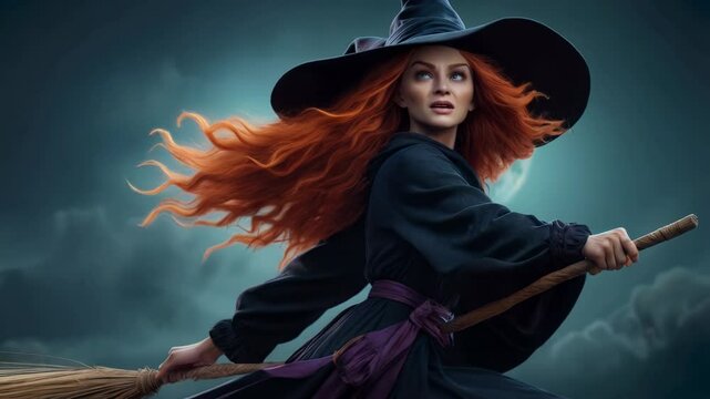Halloween. A young witch flying on a broomstick through a mystical forest during autumn, with vibrant orange leaves falling around her. Perfect for themes of fantasy, Halloween, magic, and adventure
