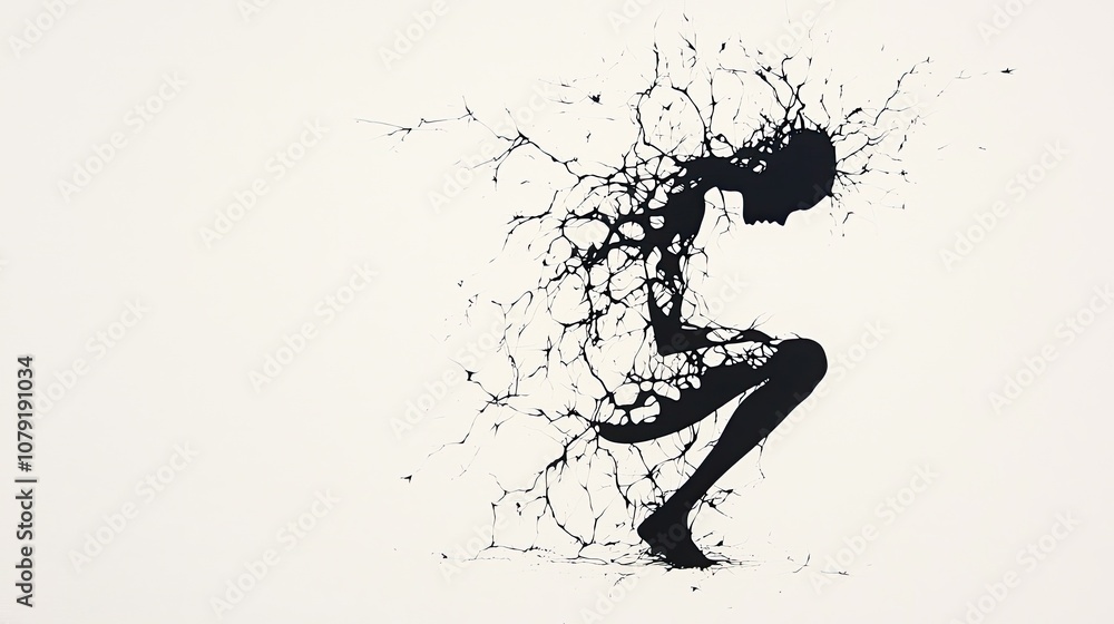 Poster a silhouette of a person crouched down, fragmented and dissolving into abstract ink patterns, symbol