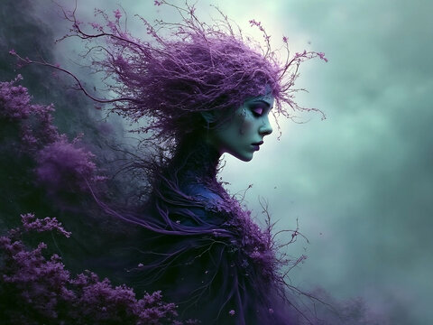 Surreal abstract artwork illustration of an otherworldly woman with purple tones and misty atmosphere