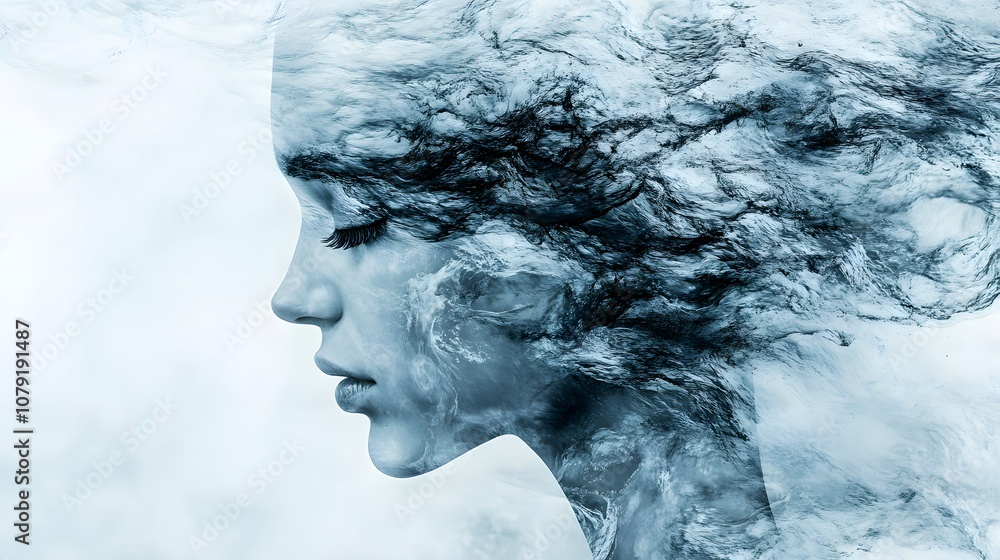 Poster Ethereal Portrait of a Woman with Abstract Cloudy Elements Representing Dreams and Imagination in a Soft Blue and White Color Palette
