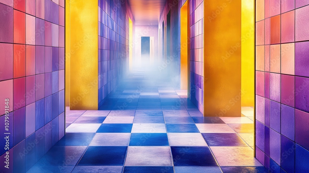 Poster vibrant and colorful hallway with checkerboard floor in a surreal environment filled with soft fog a