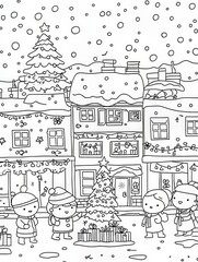 A coloring page of children celebrating Christmas in a snowy town.