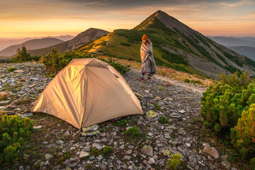 Young Woman Wrapped in a Down Blanket Walking Toward Tent During Sunrise. Weekend adventure, people enjoy nature Carpathian Mountains.