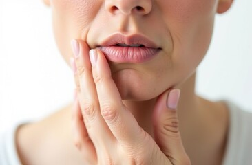 Fototapeta premium Close-up of person touching jaw and cheek, showing pain or discomfort
