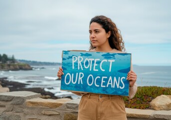Activist holding sign to protect oceans with scenic coastal background