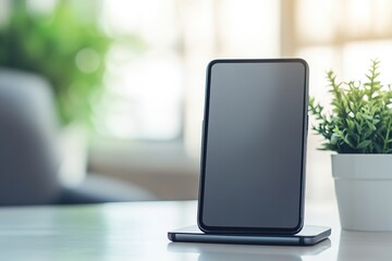 Smartphone on dock with empty screen, indoor setting