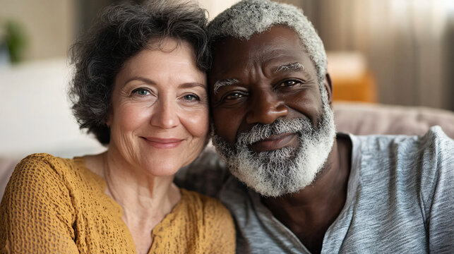 Smiling senior couple embraces in their cozy home, radiating love and happiness. Their genuine joy and strong bond showcase the beauty of a long-lasting relationship