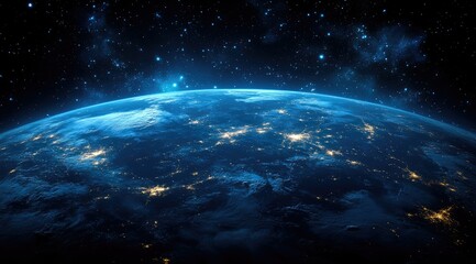 A stunning view of Earth from space, showcasing the glowing city lights and the vast expanse of the cosmos.
