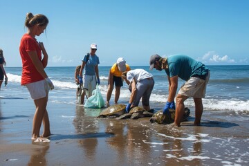 Volunteers Cleaning Up Plastic Waste on a Tropical Beach