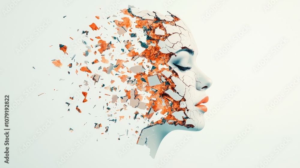 Poster a surreal image of a woman's face disintegrating into colorful fragments, symbolizing transformation