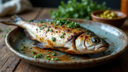 A whole grilled fish with seasoning on a plate.