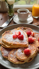 Heart-shaped pancakes topped with strawberries and powdered sugar for a romantic breakfast, cozy dining atmosphere
