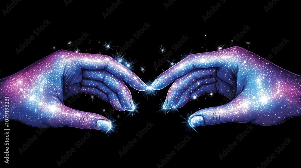 Poster cosmic connection: mystical hands touching the sparkling universe, emphasizing the fusion of human t