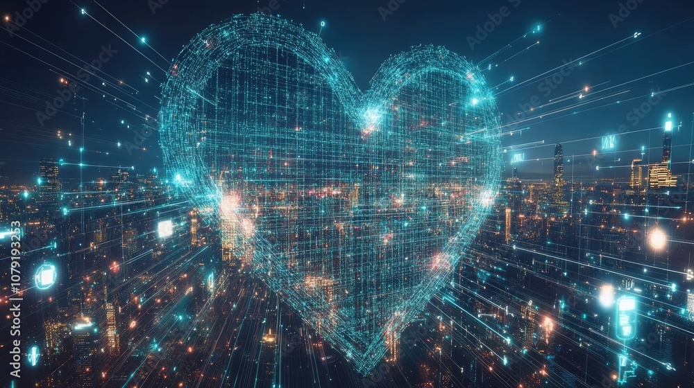 Aufkleber futuristic digital heart symbolizing connection and technology over city skyline at night with abstr