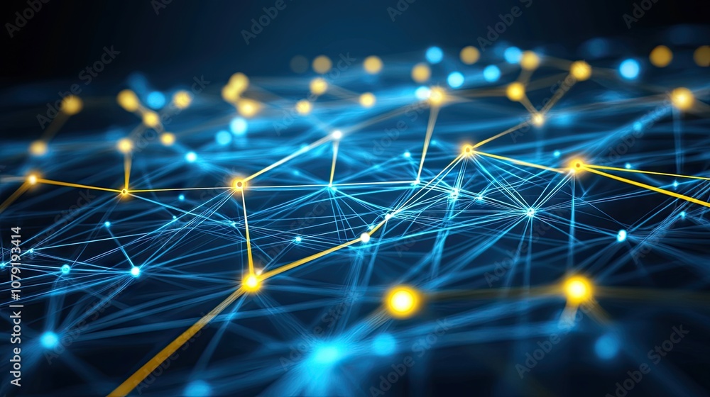 Poster abstract network connections visualization with bright blue and yellow lights on dark background rep