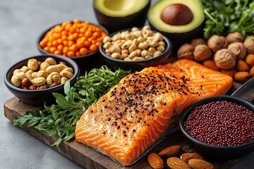 A healthy and delicious meal featuring salmon, avocados, nuts, and seeds, perfect for a balanced diet.