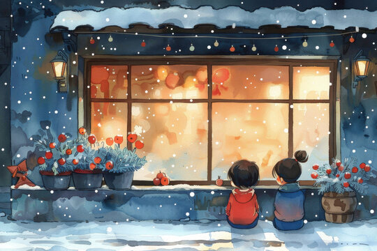 Christmas Eve. A charming watercolor of two children sitting outside a warmly lit window, watching the festive decorations inside, with snow falling gently around them, creating a cozy holiday scene.
