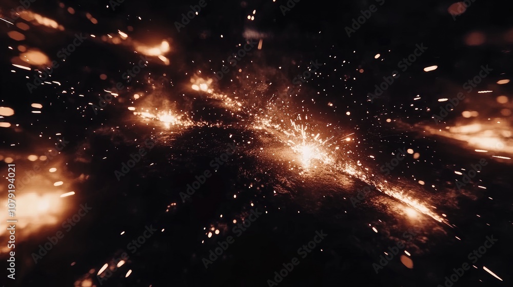 Poster abstract depiction of cosmic explosion with fiery particles and glowing sparks radiating through a d