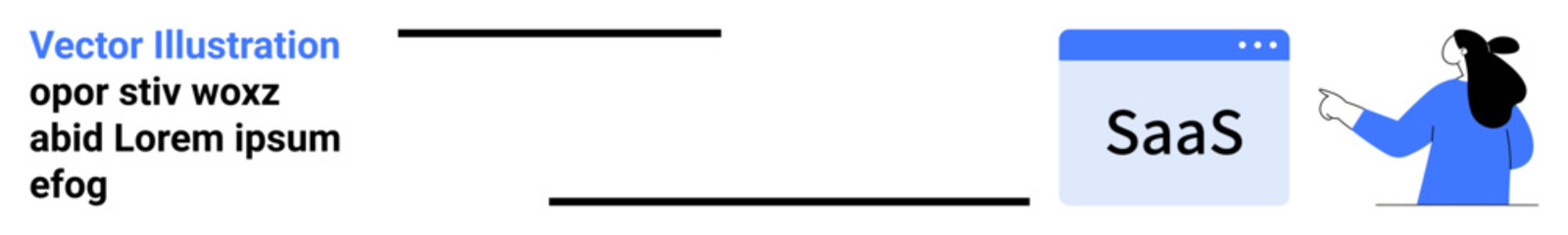 Woman pointing at SaaS computer window with surrounding dummy text for software advertisement. Ideal for tech blogs, IT services, software promotions, startup websites, cloud computing services