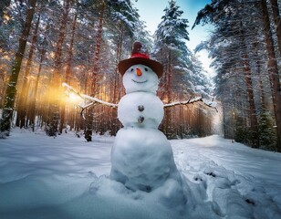 Obraz premium Muñeco de nieve con cara de alegría, en un bosque nevado.
