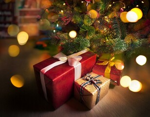 Regalos debajo del Arbol de Navidad con adronos y luces navideñas
