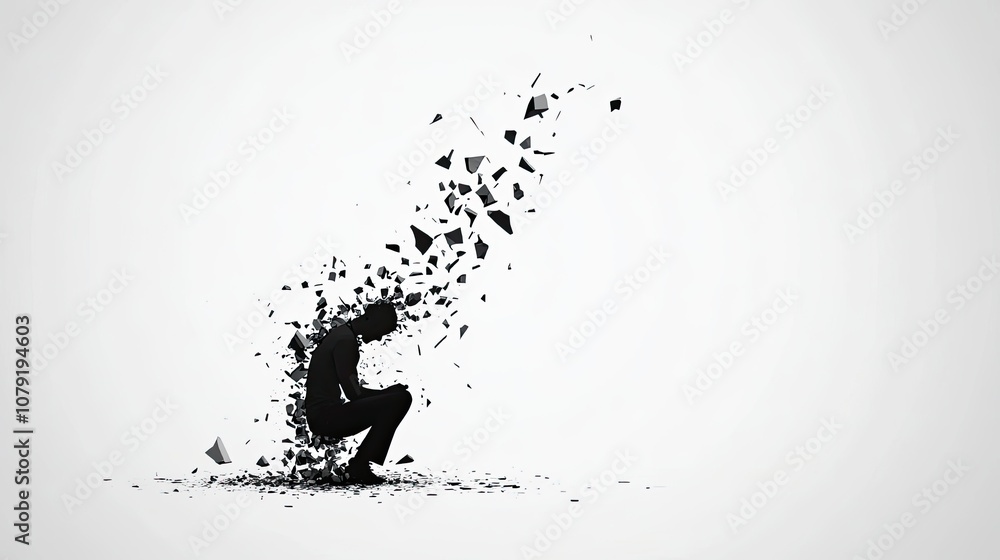 Poster a silhouette of a figure dissolving into fragments, symbolizing emotional distress and fragmentation