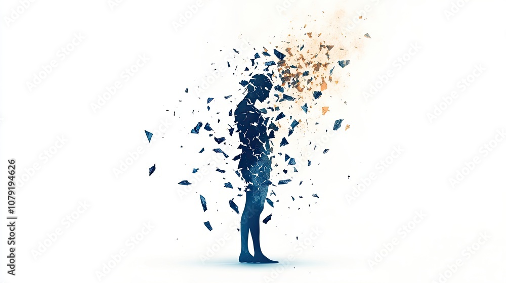 Poster a silhouette of a person dissolving into fragmented particles against a light background, symbolizin