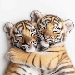 Obraz premium Two adorable tiger cubs snuggling together, representing innocence and sibling love, against a plain backdrop with a soft lighting effect.