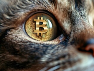 Portrait of a cat closeup, in whose eyes a symbol of bitcoin, electronic crypto currency