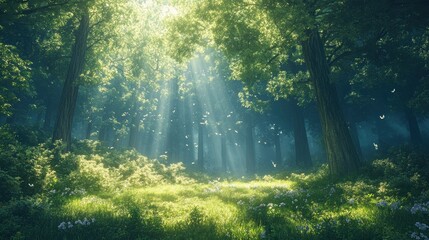Obraz premium Sunbeams illuminate a lush, green forest, dappling the forest floor with light and creating a magical atmosphere.